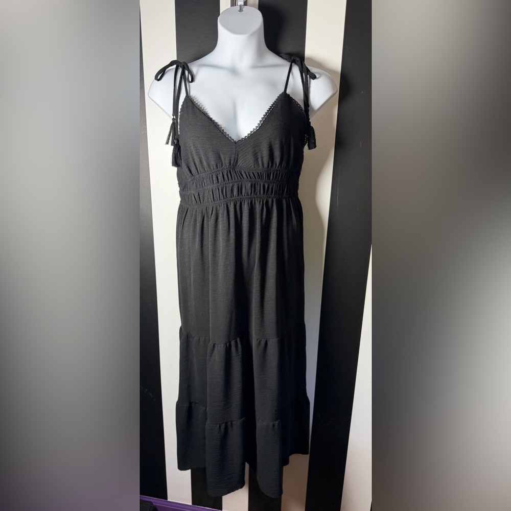NWOT Black Tiered Maxi Sundress with Tasseled Spaghetti Straps - SZ XL